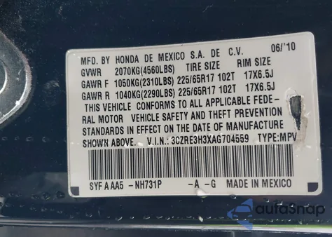 2010 Honda Cr-V Lx из США, поврежденный, VIN 3CZRE3H3XAG704559